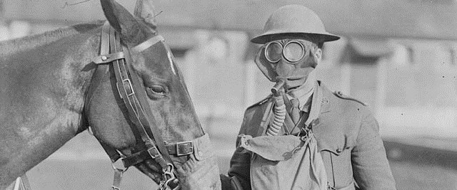Soldado y caballo del cuerpo de veterinarios del ejército canadiense, 1916.
