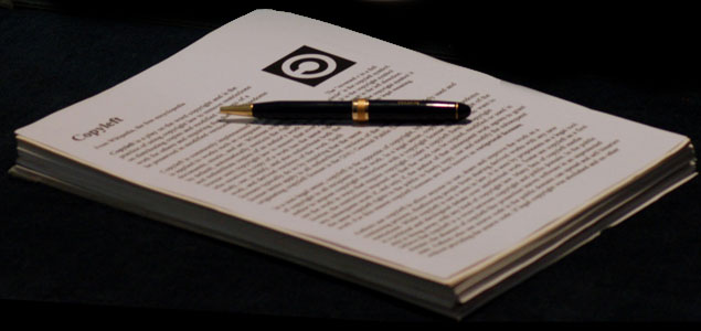 Photo of a printout of the Wikipedia copyleft.