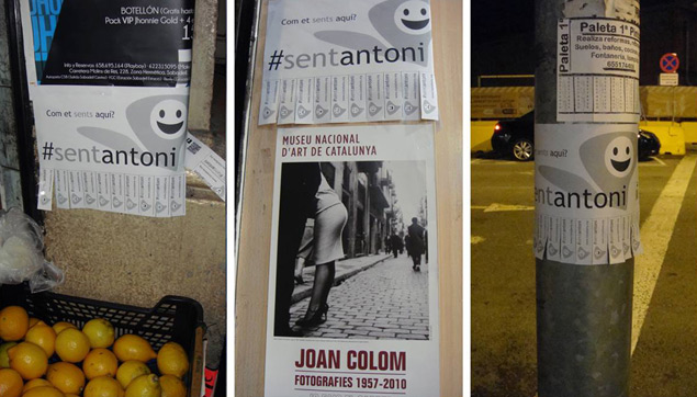 Anuncis SentAntoni en comerços i carrers del barri de Sant Antoni, Barcelona. 