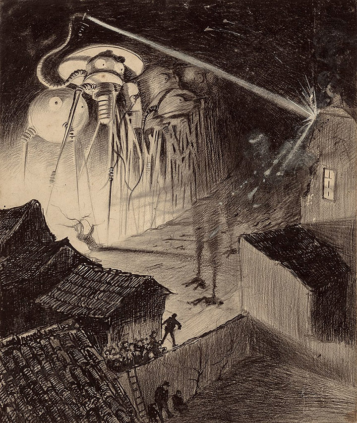 Ilustración de Henrique Alvim Corrêa de la edición belga de «La guerra de los mundos» de H. G. Wells, 1906