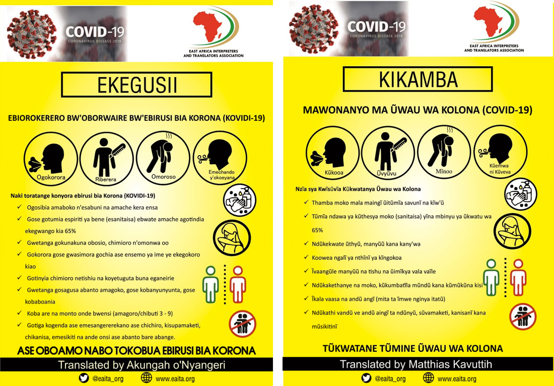 Carteles con las medidas de prevención en lenguas de África Oriental.