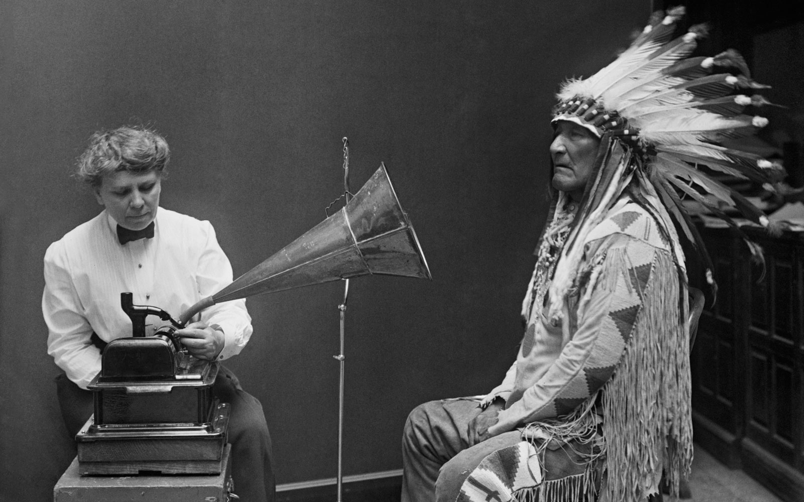 Frances Densmore recording Blackfoot chief Mountain Chief for the Bureau of American Ethnology, 1916