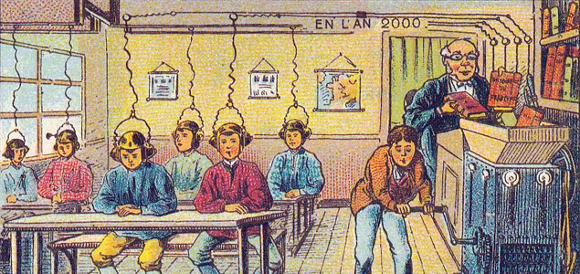 À l'école. Dins la sèrie de postals: France en l'an 2000. XXIème siècle. (Atrib. a J.M.Côté, 1901).