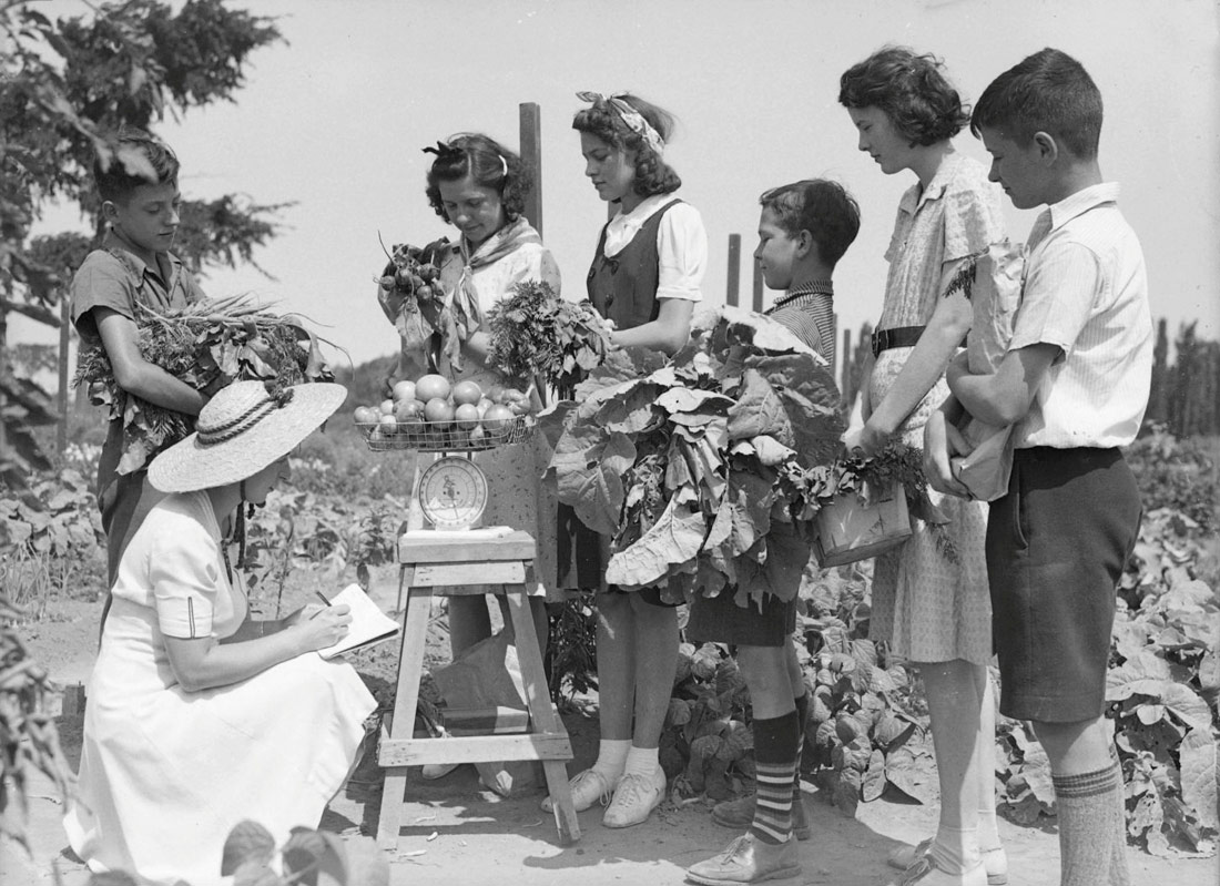 Aprendices de jardinería del Jardín Botánico de Montreal pesan el fruto de sus cultivos. Montreal, 1941