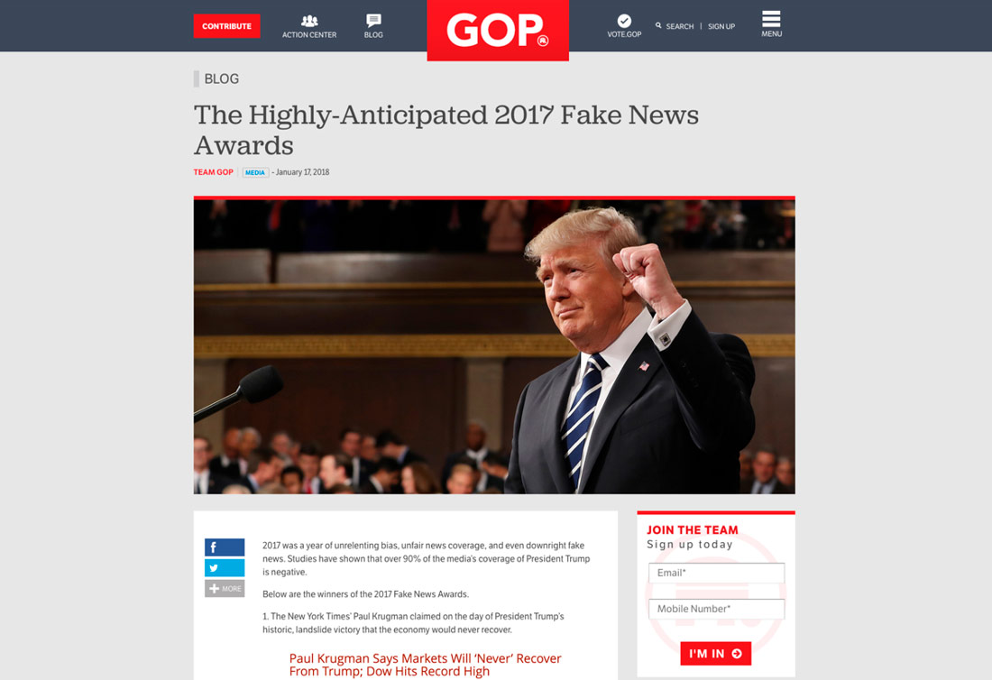 Announcement of the Fake News Awards published on the US Republican Party website and subsequently removed.