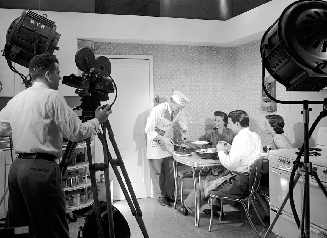 Filming Actors at Table, Motion Picture Kitchen Set. Texas, ca. 1951