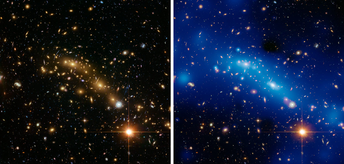 Imatge del telescopi Hubble Space del clúster galàctic MACS0416 (esquerra), i la mateixa imatge (dreta) sobreposada amb la distribució de la matèria fosca, que es mostra de color blau. Exploracions a càrrec de Priyamvada Natarajan i el seu equip, que estudien la distorsió de la llum provinent de grup de galàxies llunyanes. 
