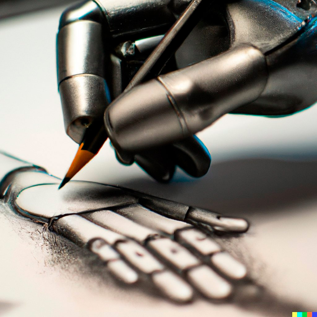 An artificial intelligence generated image given the prompt "A photo of a robot hand drawing, digital art"