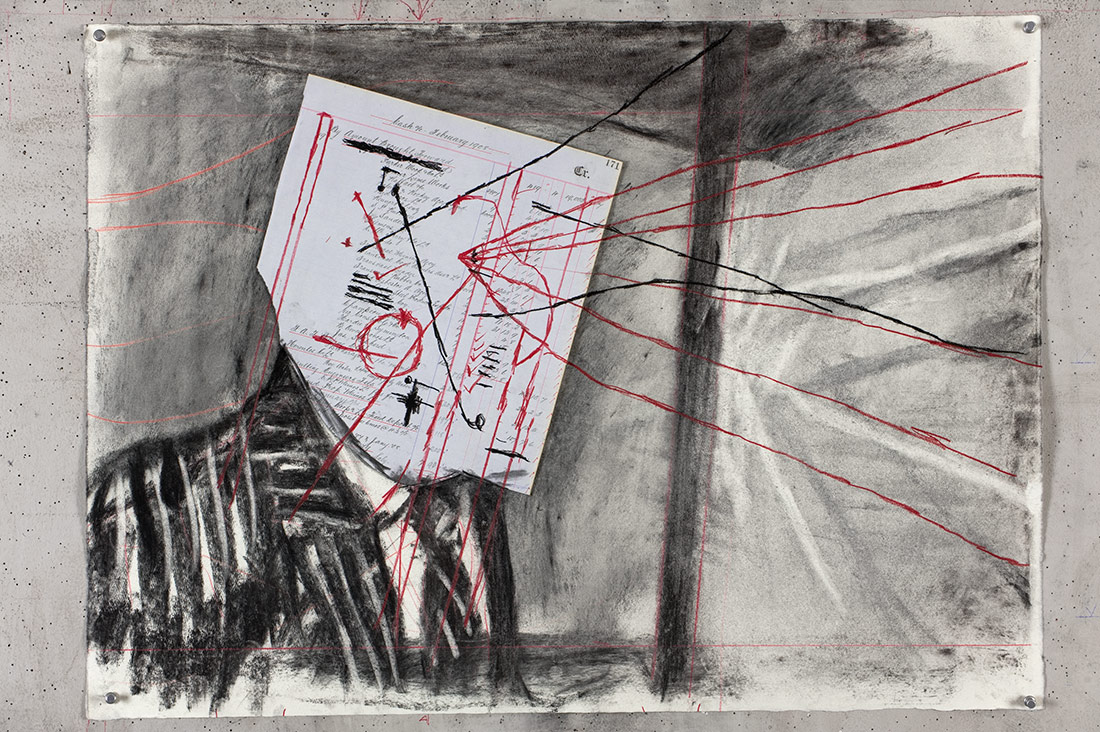 Dibujo de la película Other Faces, 2011. William Kentridge | Carbón vegetal y lápiz sobre collage de papel, 72 x 79 cm | Cortesía del artista