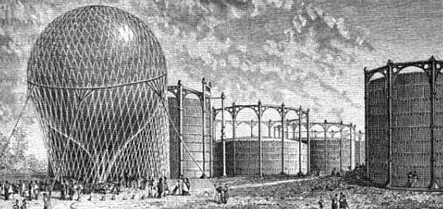 Inflat d'un globus de gas a la fàbrica de gas de La Villette. Font: Wikimedia Commons.