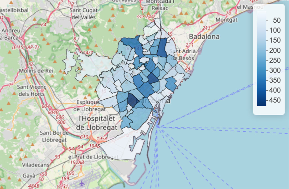 Distribución territorial de casos de COVID-19 en los barrios de Barcelona, 27 de abril de 2020