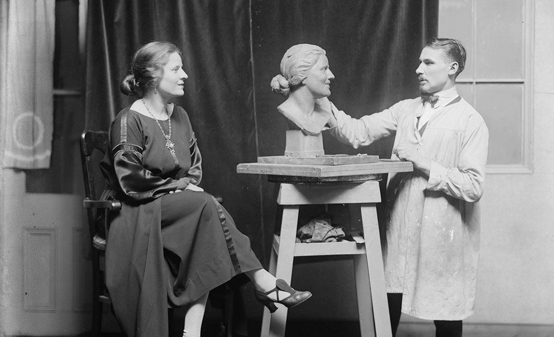 Alex John Ettl working on Cecile Alexia Hart's bust. 1920-1925