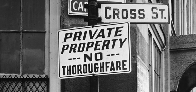 "Private Property No Thoroughfare" sign. Cambridge, USA, 1954-1959.
