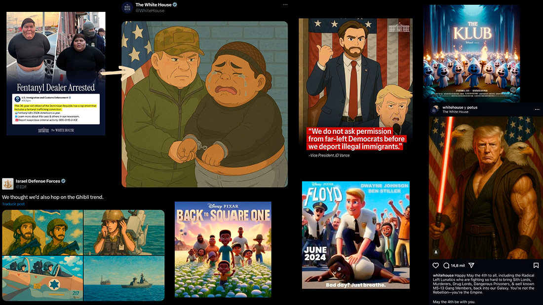 Examples of AI-generated right-wing propaganda in the styles of Studio Ghibli, Pixar and Star Wars.