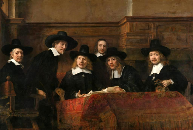 The Wardens of the Amsterdam Drapers’ Guild, Known as ‘The Syndics’, Rembrandt Harmensz. van Rijn, 1662. Public Domain.