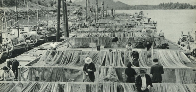 Redes extendidas en un muelle de la costa del Pacífico, Canada, 1963.