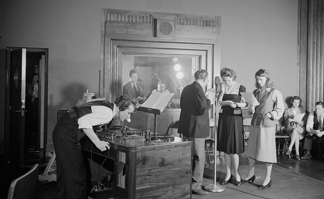 Rehearsal for the radio show "You Can't Do Business With Hitler". 1942
