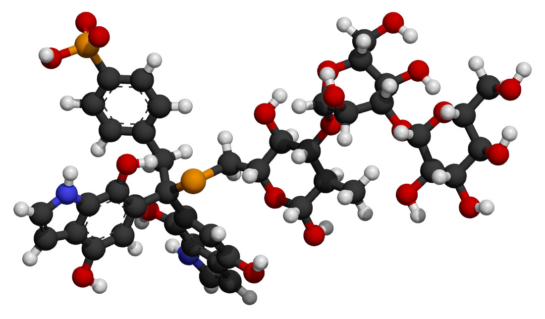 Posible estructura 3D de la tiotimolina, compuesto inventado por el bioquímico y escritor Isaac Asimov 1948 a modo de broma.