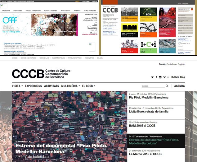A dalt, aparença del web del CCCB l'any 2004 i el 2008, a sota, la pàgina d'inici del web actual. 