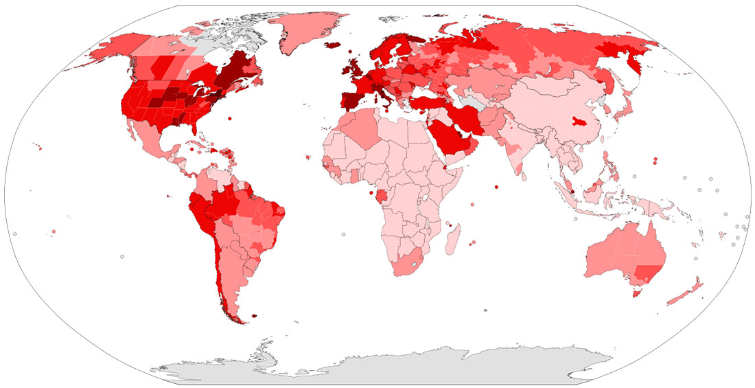 Mapa mundial de COVID-19 por habitante (12 de mayo de 2020)